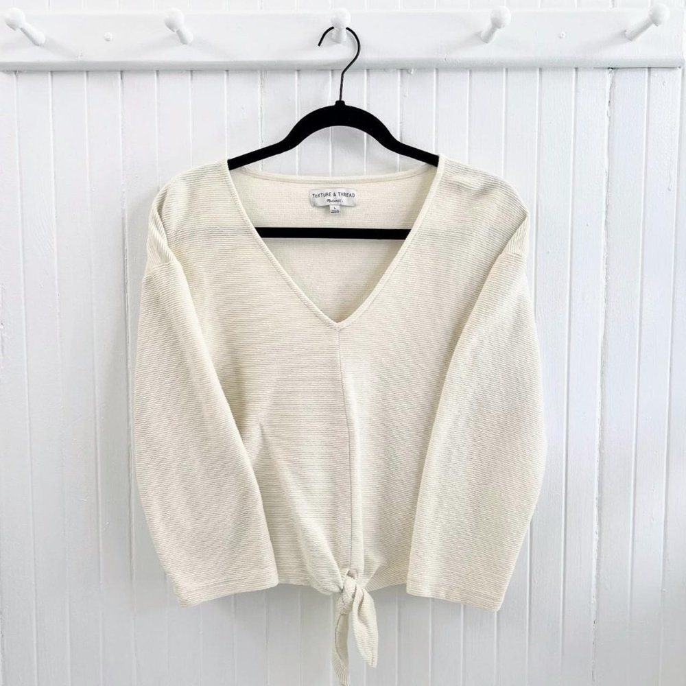 Madewell Women's Cream Texture & Thread V Neck Front Tie Blouse Top Size L